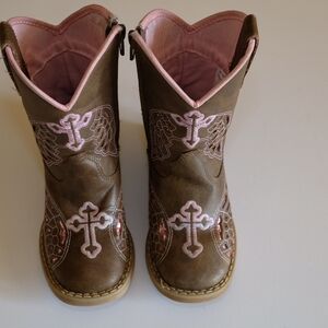 Brown and Pink Western Boots with Cross Design
